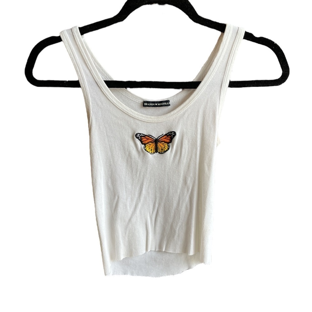 Brandy Melville White Cropped Tank Top with Monarch Butterfly OS